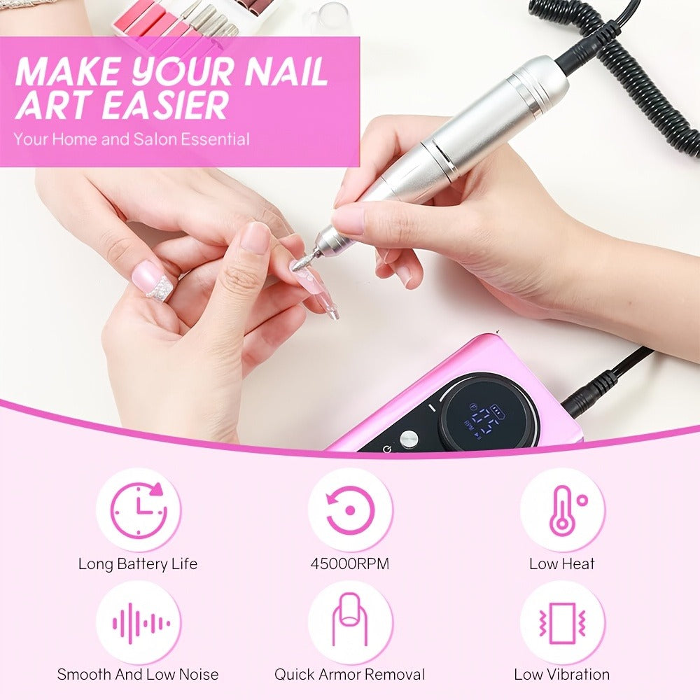 Electric Nail Drill 45000 RPM Brushless Kit with LCD Screen, 6 Bits, 6 Sanding Bands and Belt Clip