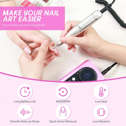 Electric Nail Drill 45000 RPM Brushless Kit with LCD Screen, 6 Bits, 6 Sanding Bands and Belt Clip