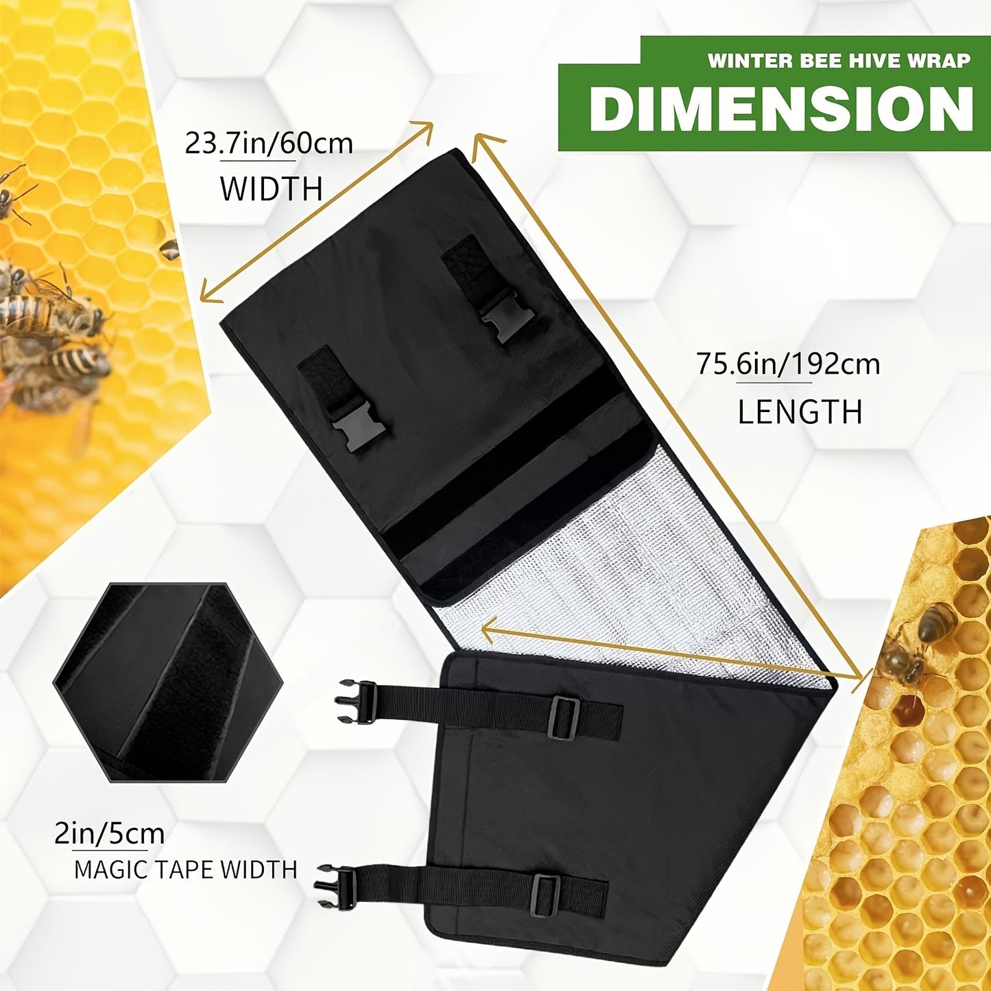 Black Beehive Winter Insulation Wrap with Adjustable Buckle Straps in 192 x 40 or 60 cm Sizes