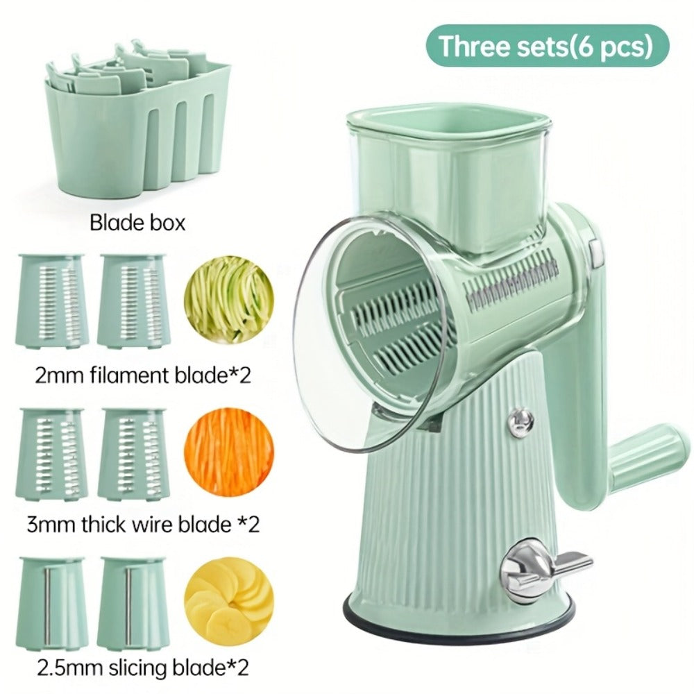 Rotary Cheese Grater with Interchangeable Blades, 5-in-1 Manual Vegetable Slicer Shredder Set, Suction Cup Base