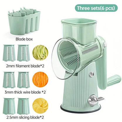 Rotary Cheese Grater with Interchangeable Blades, 5-in-1 Manual Vegetable Slicer Shredder Set, Suction Cup Base