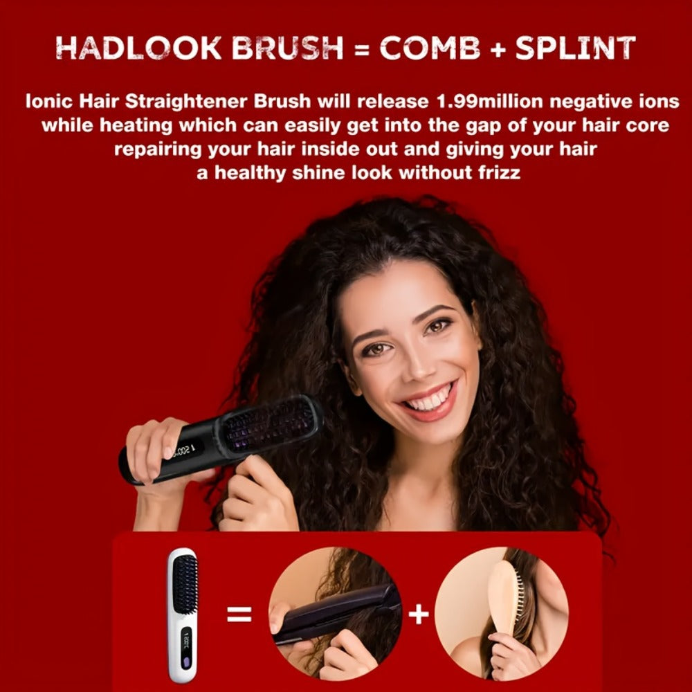 Compact Rechargeable Straightening Brush in Black or White with Display, Comb and USB Cable
