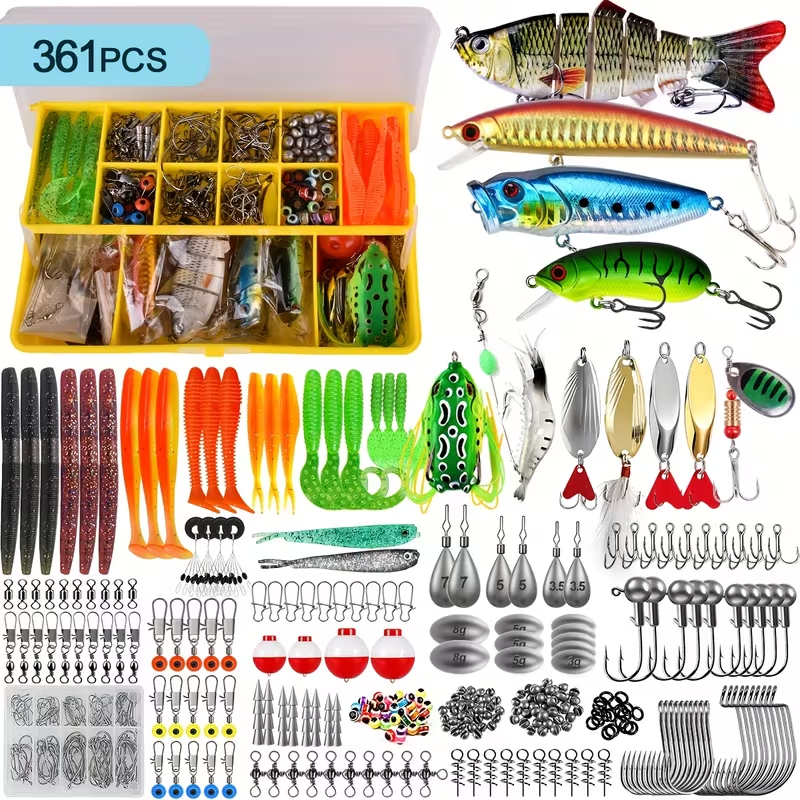 Fishing Lures Kit 78/106/188/361pcs Complete Freshwater Tackle Set with Spoon Lures Soft Plastic Worms Crankbaits Jig Hooks Tackle Box