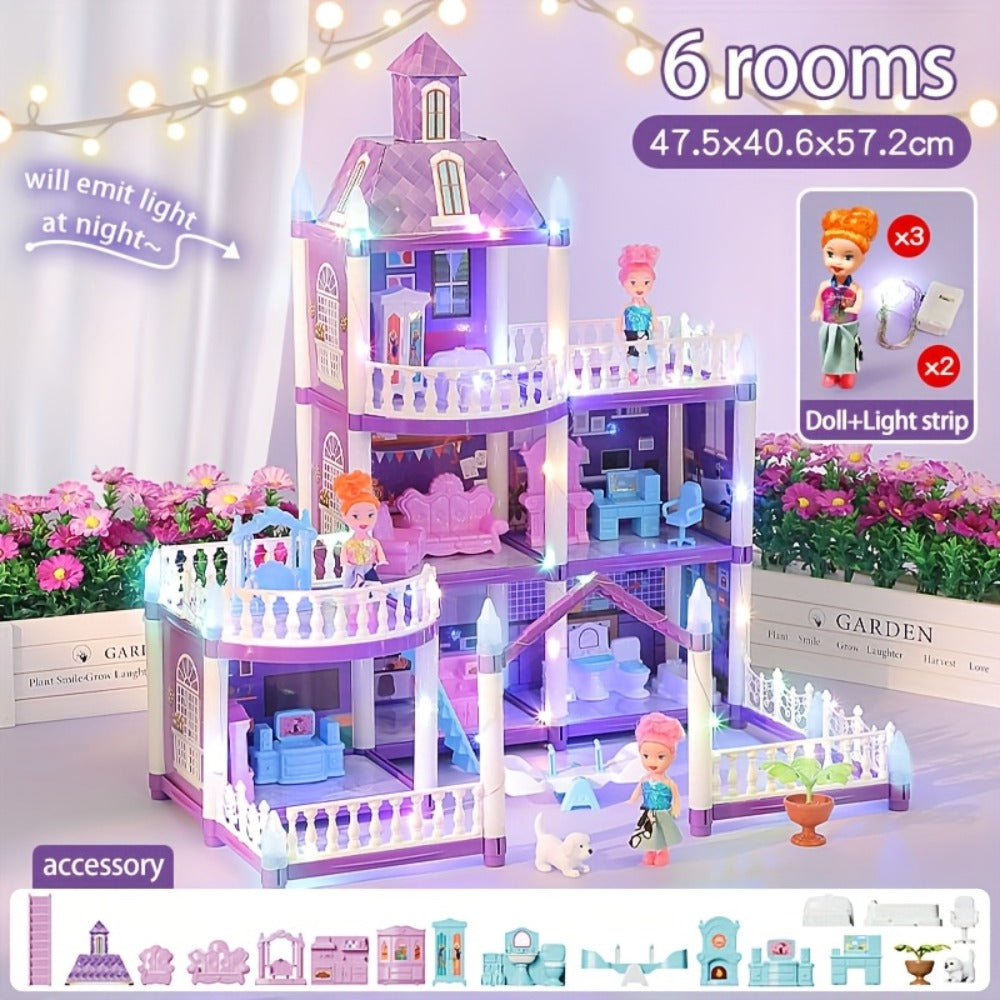 LED Dollhouse Playset for Girls, Purple Multi-Room Playhouse with Doll Figures, Puppies, Furniture & LED Lighting