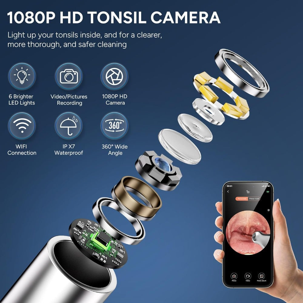 Visual Tonsil Stone Remover with 1080P HD Camera – 6 LED Lights, 5 Stainless Steel Heads, Bad Breath Prevention, iOS & Android Compatible