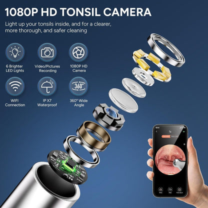 Visual Tonsil Stone Remover with 1080P HD Camera – 6 LED Lights, 5 Stainless Steel Heads, Bad Breath Prevention, iOS & Android Compatible