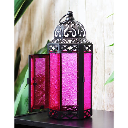 Moroccan Candle Lantern Holder - Decorative Metal & Glass Lantern with Embossed Floral Design for Indoor Home Decor