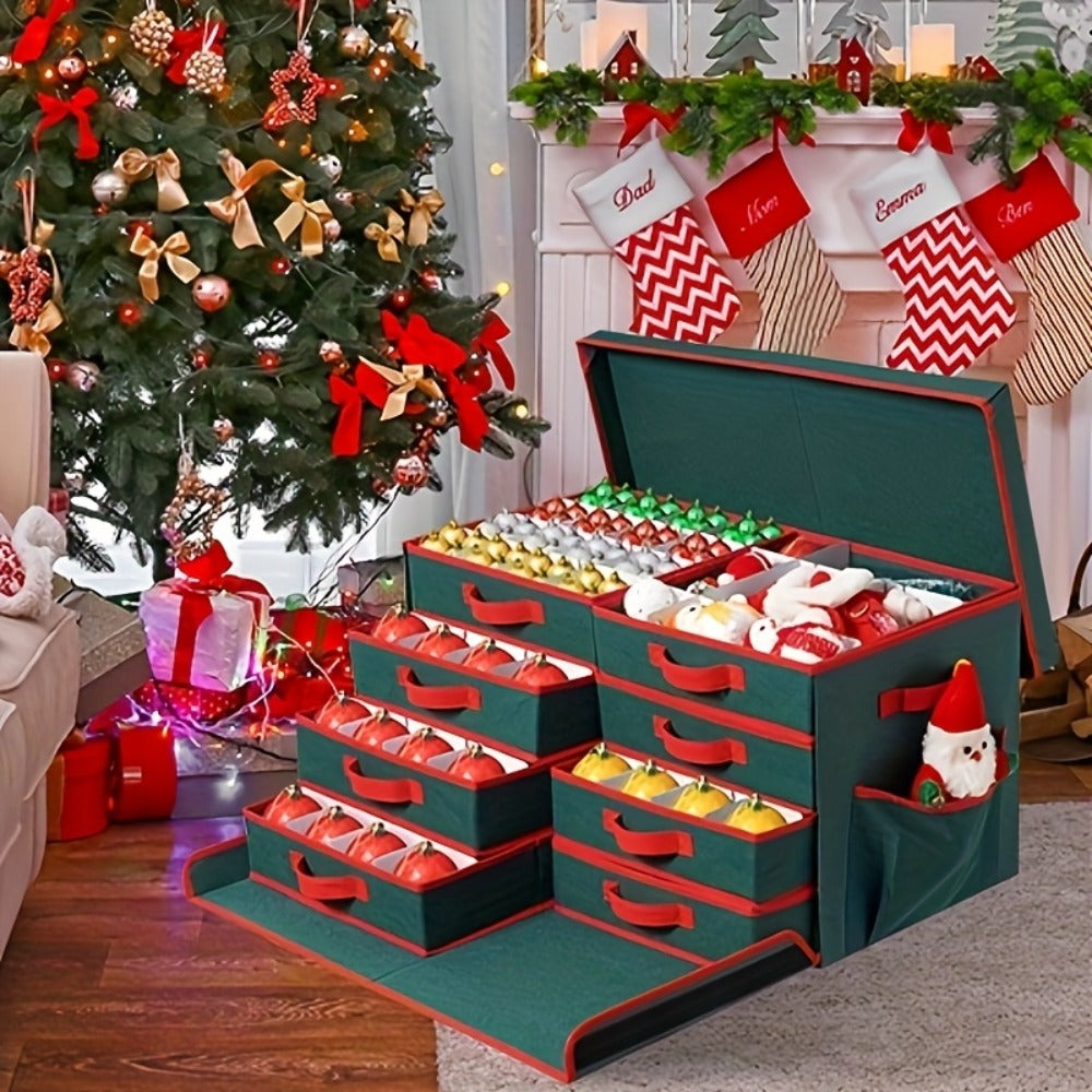 Christmas Ornament Storage Box 128 Slots 8 Trays Stackable Large Capacity Holiday Organizer with Lid Side Open Adjustable Dividers Removable