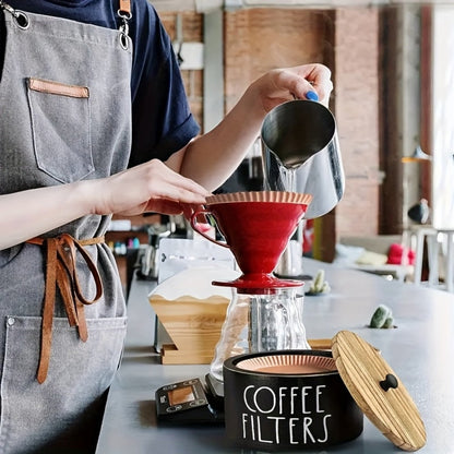 Wooden Coffee Filter Holder with Lid – Large Capacity Rustic Round Organizer Dispenser for Coffee Filters & Tea Bags, Bamboo Lid