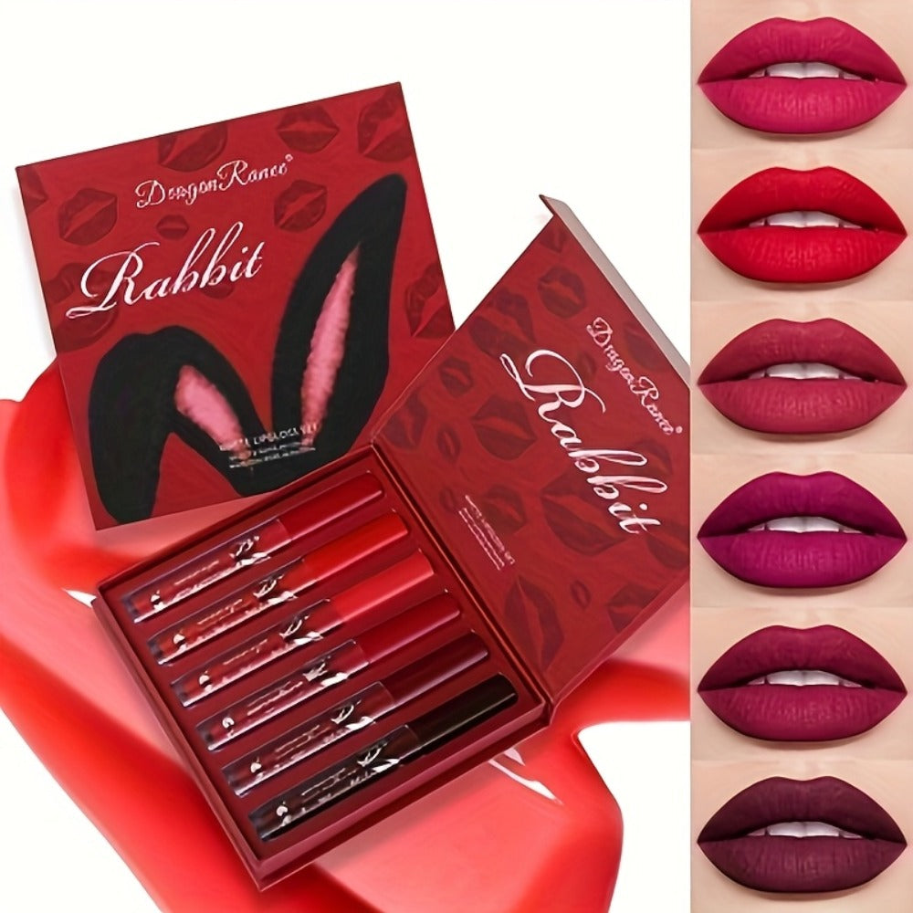 Red Lip Glaze Gift Set 6pcs in Elegant Box, Smudge-Proof Glazed Finish, Smooth Paste Formula