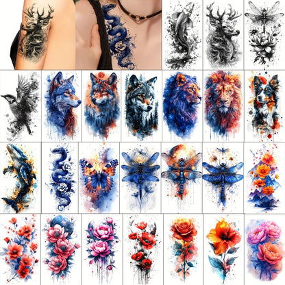 24-Sheet Watercolor Temporary Tattoo Set with Floral, Animal and Abstract Designs in 21 x 12 cm Format