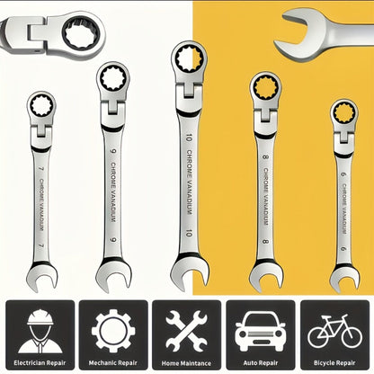 CR-V Flex Head Ratchet Wrench Set 5-Piece – 2-in-1 Reversible Open End & Hex Socket Dual-Purpose Kit | Automotive Engine Bay, Plumbing