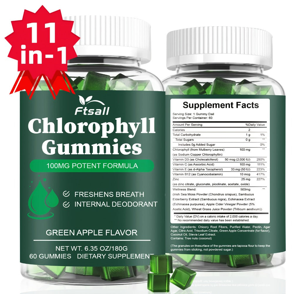 Chlorophyll Gummies 60 Count with Vitamin C D3 E B12 Zinc Irish Sea Moss Elderberry Echinacea & Apple Cider Vinegar