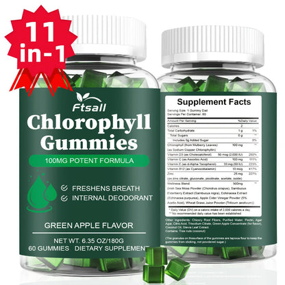 Chlorophyll Gummies 60 Count with Vitamin C D3 E B12 Zinc Irish Sea Moss Elderberry Echinacea & Apple Cider Vinegar