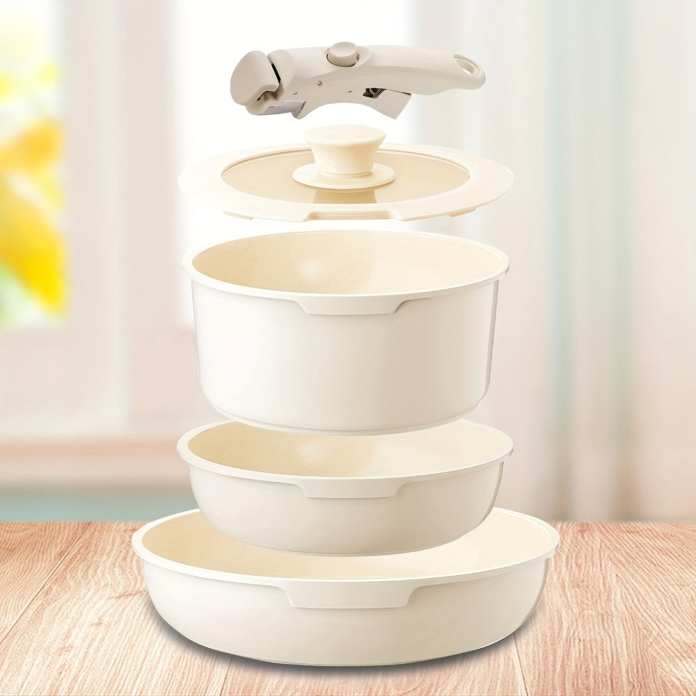 Cookware Set IKTU 5-Piece Detachable-Handle Aluminum Pots and Pans in White, Pink, Beige or Coral Pink