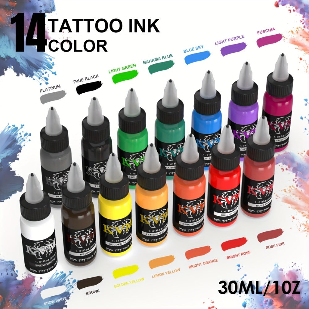 Tattoo Ink 7- or 14-Color Set with 1oz 30ml Bottles and Three Palette Configurations with Item-Specific Color, Capacity and Bottle Choices