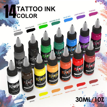 Tattoo Ink 7- or 14-Color Set with 1oz 30ml Bottles and Three Palette Configurations with Item-Specific Color, Capacity and Bottle Choices