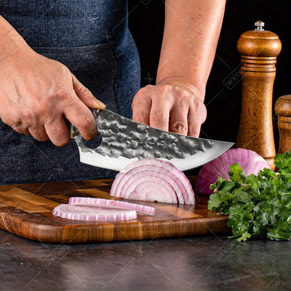 Kitchen Knife Set 8-Piece 5Cr15MoV Stainless Steel with Hammered Blades, Wood-Style Handles and Shears Options