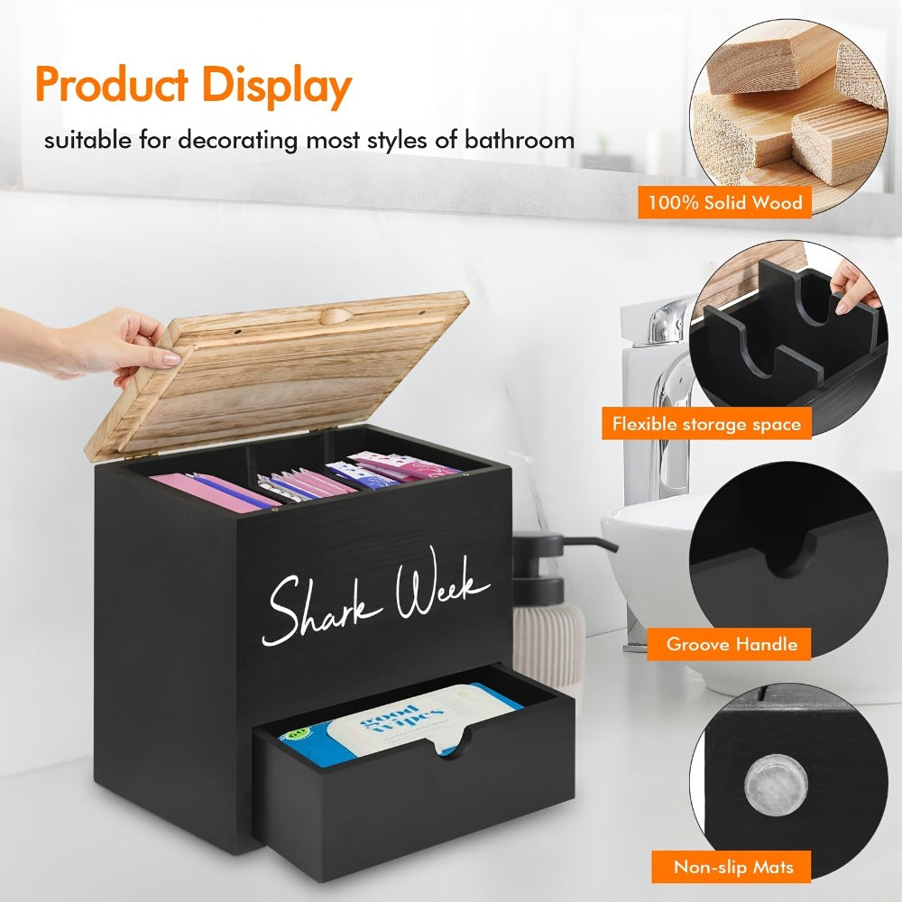 Tampon & Pad Organizer Box with Lid – Wooden Bathroom Storage Bin with Drawer, 3-Compartment Feminine Products Caddy