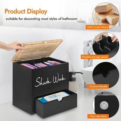 Tampon & Pad Organizer Box with Lid – Wooden Bathroom Storage Bin with Drawer, 3-Compartment Feminine Products Caddy