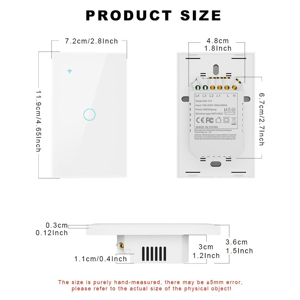 White Glass WiFi and Bluetooth Touch Wall Switch with One- to Four-Gang US-Style Options and Neutral-Wire Wiring