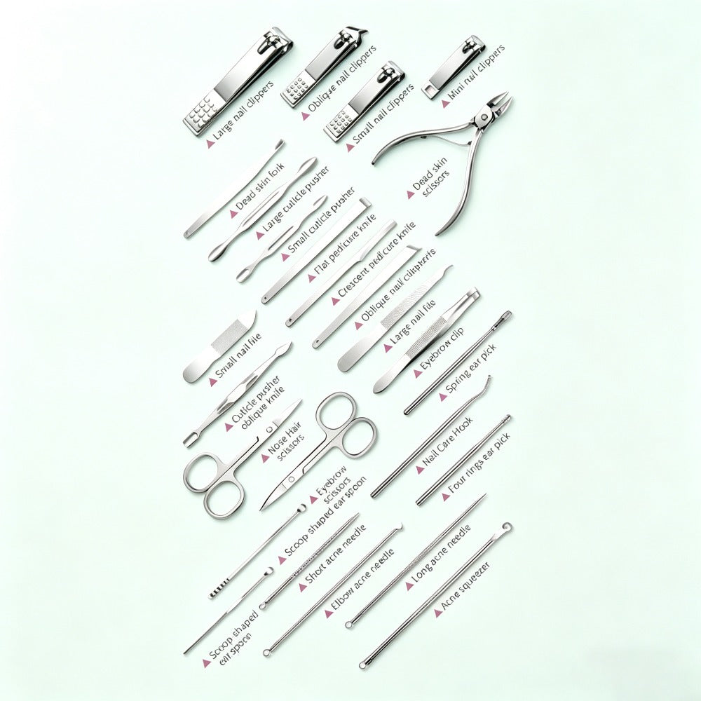 Manicure Pedicure Set 26pcs Pink Stainless Steel – Precision Nail Clippers Cuticle Nipper & Dead Skin Scissors 45° Blade Professional