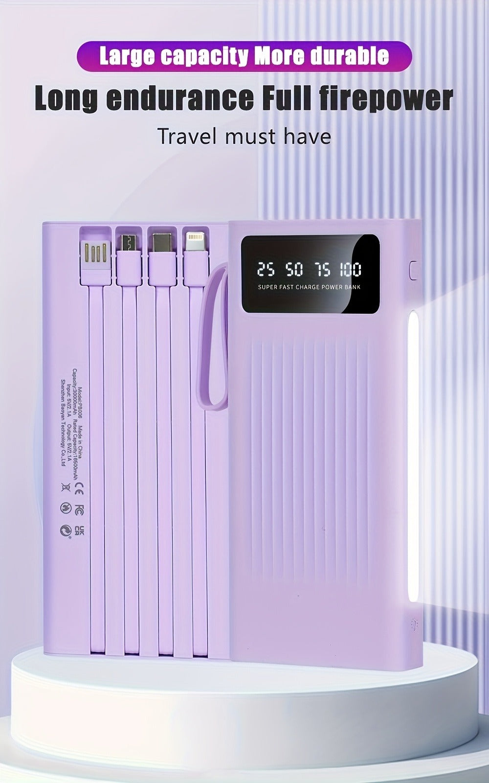 Power Bank for Camping, 10000-30000mAh with 15W Charging, Four-in-One Cable and Four-Mode Camping Light