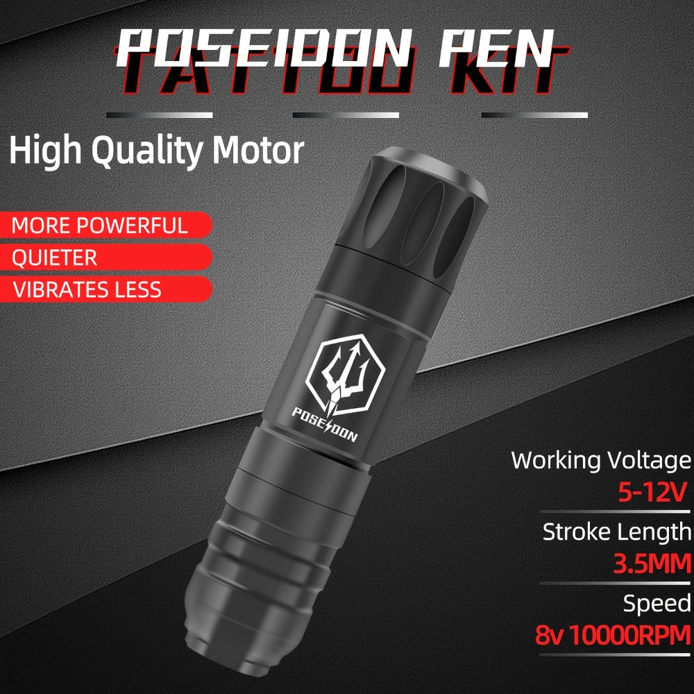 Tattoo Machine Kit POSEIDON TK035 Wireless Rotary Pen with LCD, 1500mAh Battery, 20 Cartridges and Practice Supplies