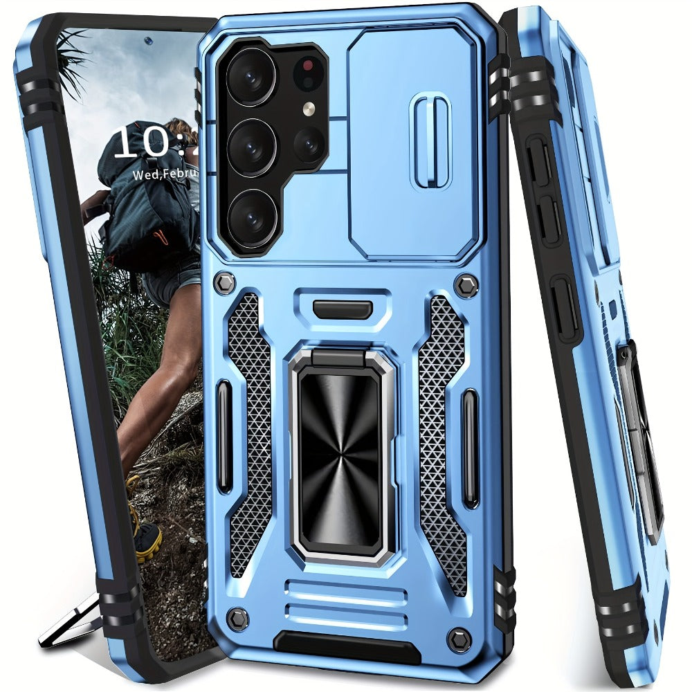 Samsung Galaxy Shockproof Magnetic Phone Case with 360° Rotating Ring Bracket & Sliding Lens Protector – Heavy Duty Cover for S24FE S23FE