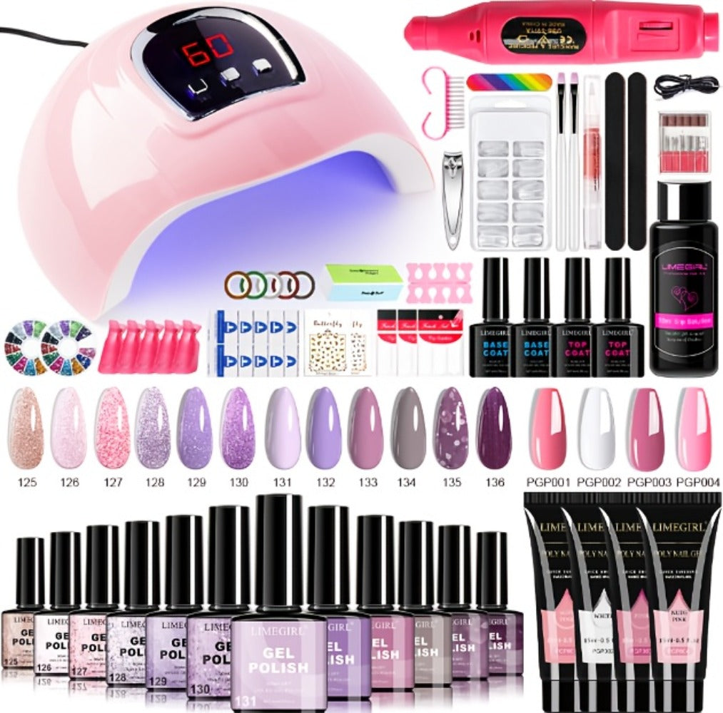 Gel Nail Polish Kit with UV Lamp & Electric Nail Drill – 12 Colors Gel Polish Set, Poly Extension Gel, Top &