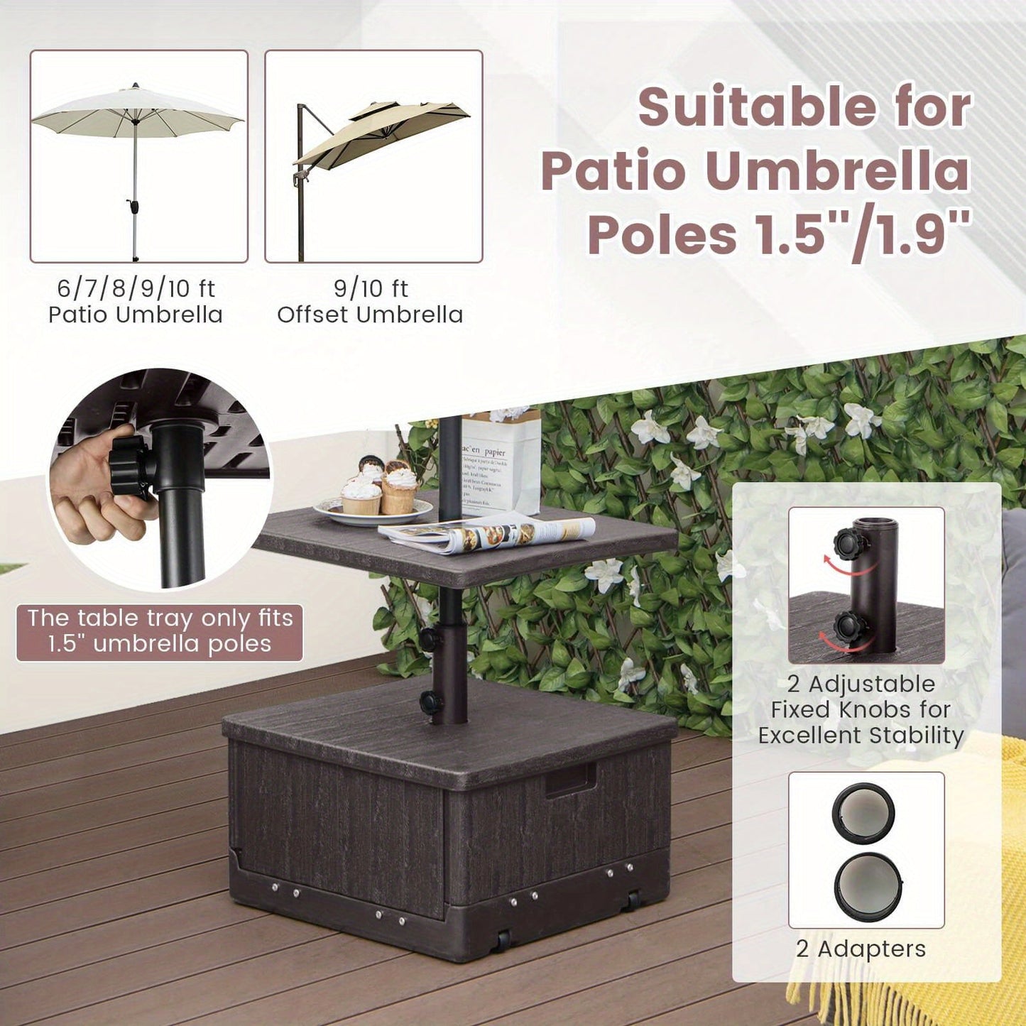 Patio Umbrella Base 3-in-1 Fillable with Table Tray & Planter Box Wheeled Stand Fits 1.5"/1.9" Poles for Garden, Patio and Yard Use