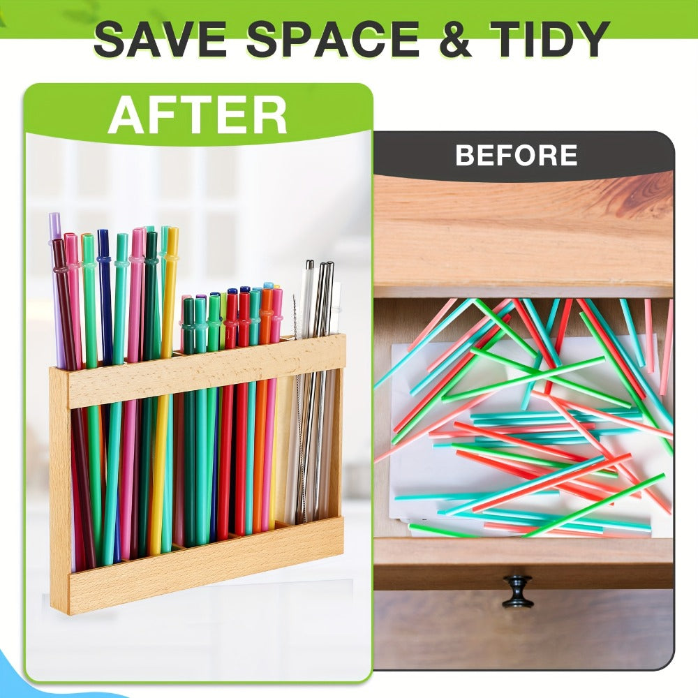 Wooden Straw Holder for Cabinet Door 9.8 Inch Acacia Wood Straw Dispenser Wall Mount Reusable Straw Storage Box for Kitchen Counter Cupboard