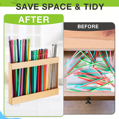Wooden Straw Holder for Cabinet Door 9.8 Inch Acacia Wood Straw Dispenser Wall Mount Reusable Straw Storage Box for Kitchen Counter Cupboard