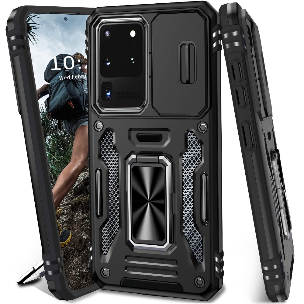 Samsung Galaxy Shockproof Magnetic Phone Case with 360° Rotating Ring Bracket & Sliding Lens Protector – Heavy Duty Cover for S24FE S23FE