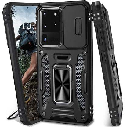 Samsung Galaxy Shockproof Magnetic Phone Case with 360° Rotating Ring Bracket & Sliding Lens Protector – Heavy Duty Cover for S24FE S23FE