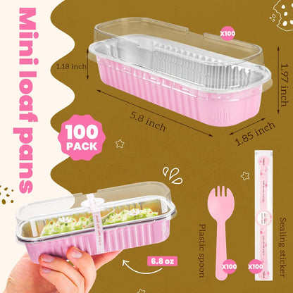 Mini Cake Pans 100 Pack with Lids and Spoons Aluminum Foil Rectangular Disposable Baking Pans for Entryways, Bedrooms and Living Spaces