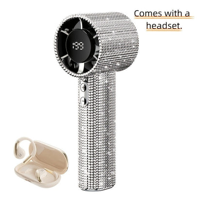 Rhinestone Handheld Fan with USB-C Charging, Digital Display, 199 Levels and Optional Beige Headset