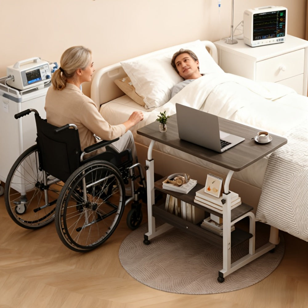 Adjustable Overbed Table with Rolling Shelf Frame and Six Color Checkout Options from Burlap to Deep Glacier