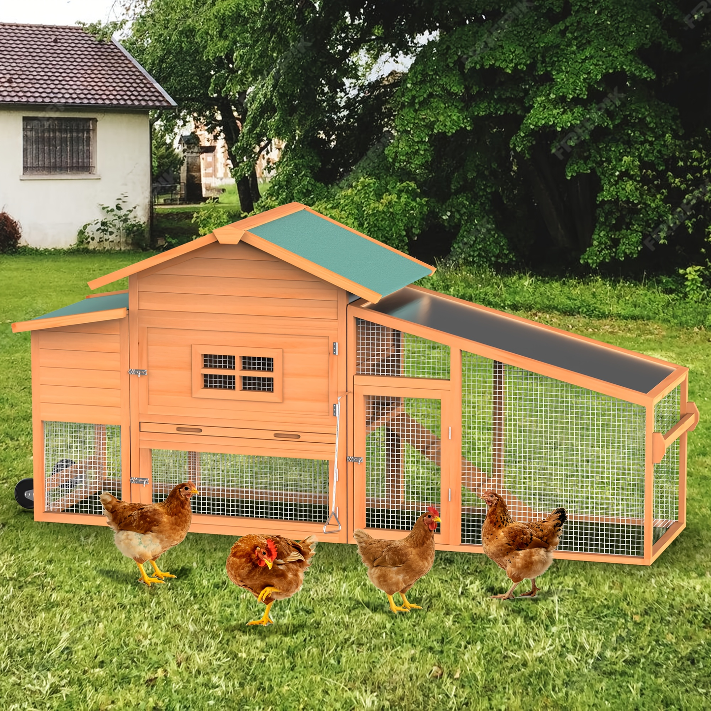 Portable Wooden Chicken Coop with Wheels, Nest Box and Wood Roof or Sunshine Board Run Option