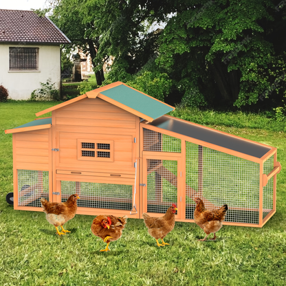 Portable Wooden Chicken Coop with Wheels, Nest Box and Wood Roof or Sunshine Board Run Option