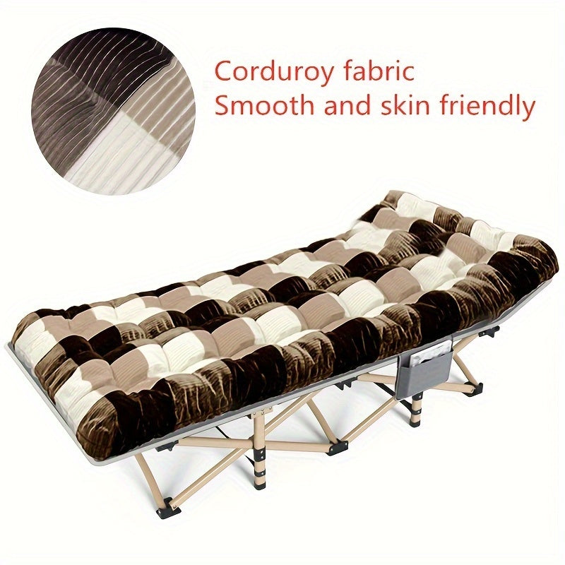 Folding Camping Cot with 74 x 30 Inch Plaid Mattress Checkout Label, Carry Bag and Side Storage Pocket