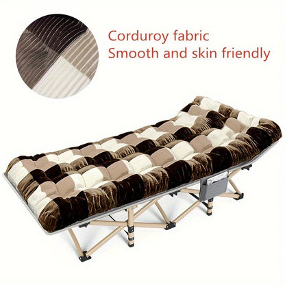 Folding Camping Cot with 74 x 30 Inch Plaid Mattress Checkout Label, Carry Bag and Side Storage Pocket