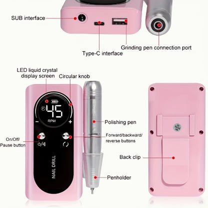 Electric Nail Drill 45000 RPM Cordless Kit with LCD Display and V2 Pink, White or Purple Options