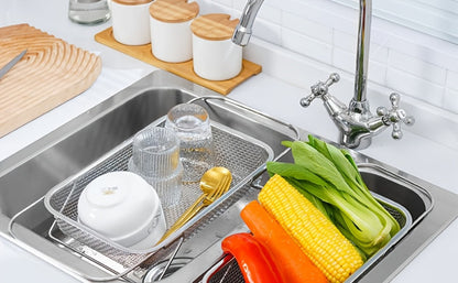 Expandable Stainless Steel Colander & Drain Basket, Adjustable Strainer for Vegetables, Fruits & Kitchen Sink Use