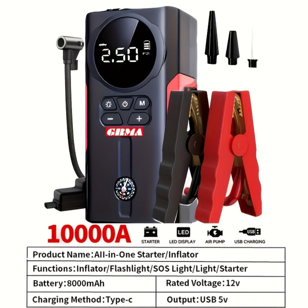 Portable Car Jump Starter 12V – Peak Power Battery Booster Pack for 8.0L Gas & Diesel Engines, USB Charging & LED Emergency Light
