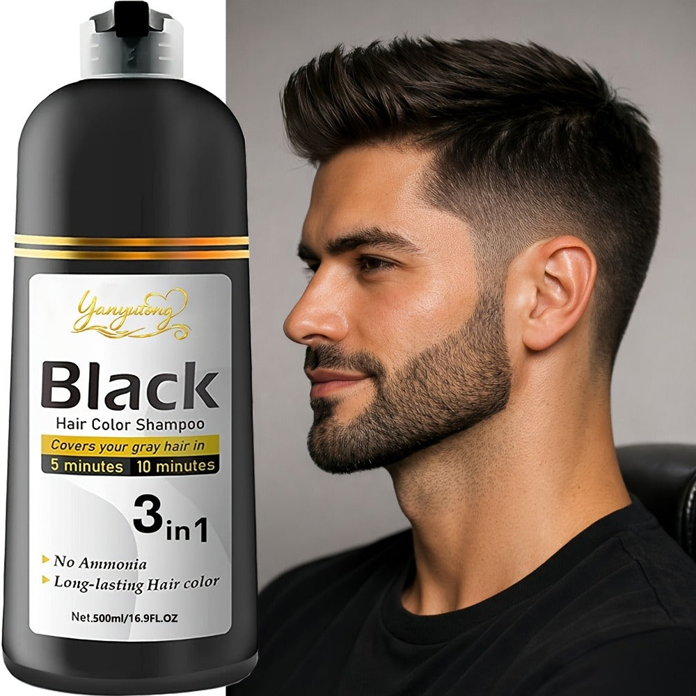 Hair Dye Shampoo, YANYUTONG 500ml Black 3-in-1 Pump Bottle for Hair and Beard Color Application