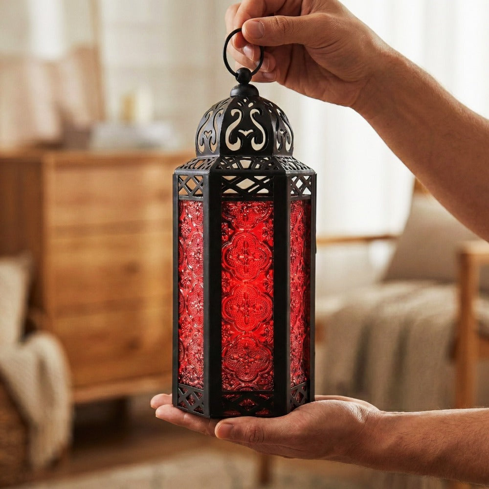 Moroccan Candle Lantern Holder - Decorative Metal & Glass Lantern with Embossed Floral Design for Indoor Home Decor