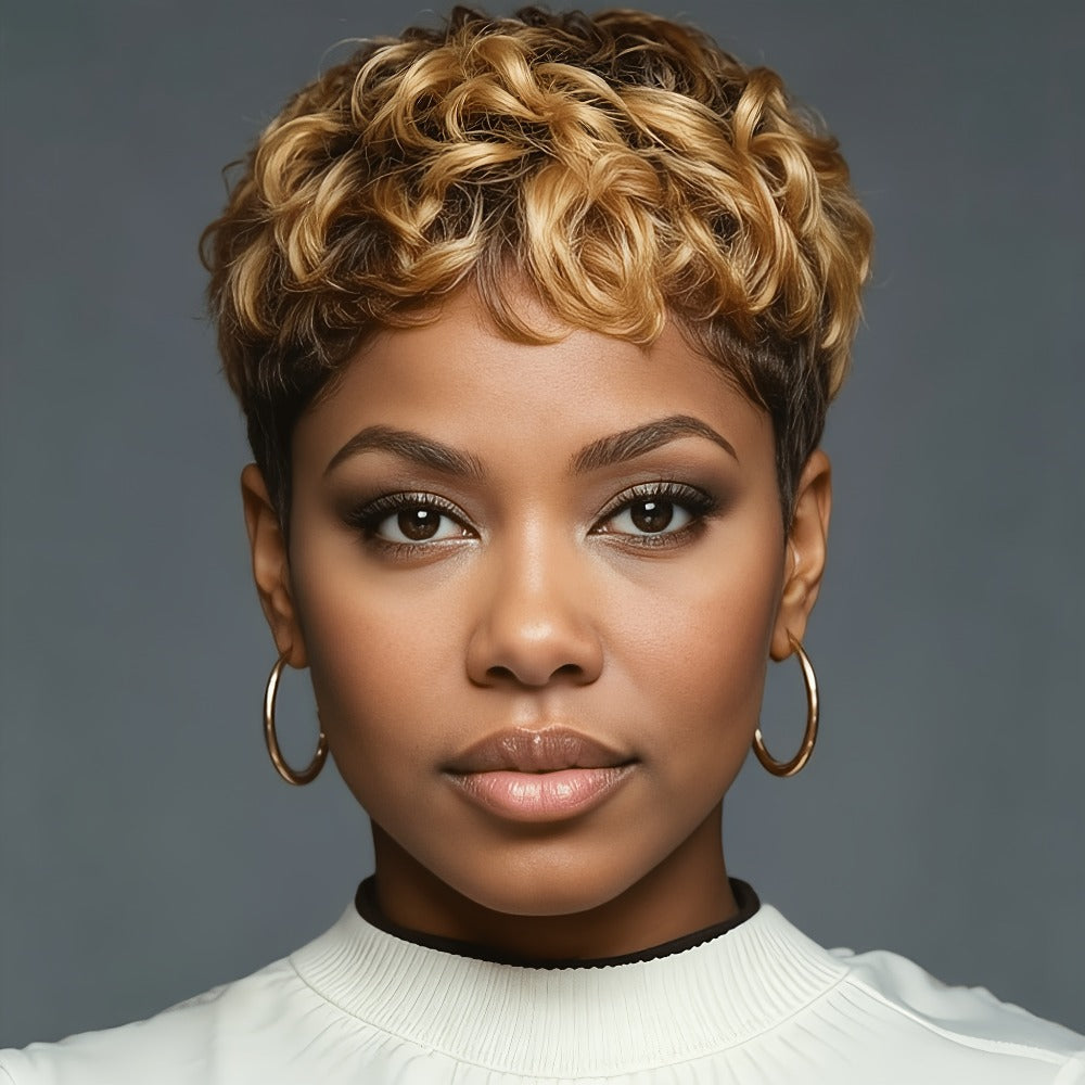 Synthetic Wig 4-Inch Mixed Blonde Curly Pixie with Bangs and Rose Net Cap with Item-Specific Color, Length, Texture and Cap Choices