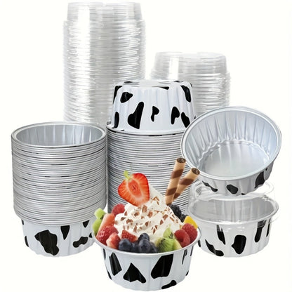 Aluminum Foil Baking Cups with Lids, Disposable Cupcake Molds with Spoons, Foil Dessert Cups for Pudding Muffins Mousse