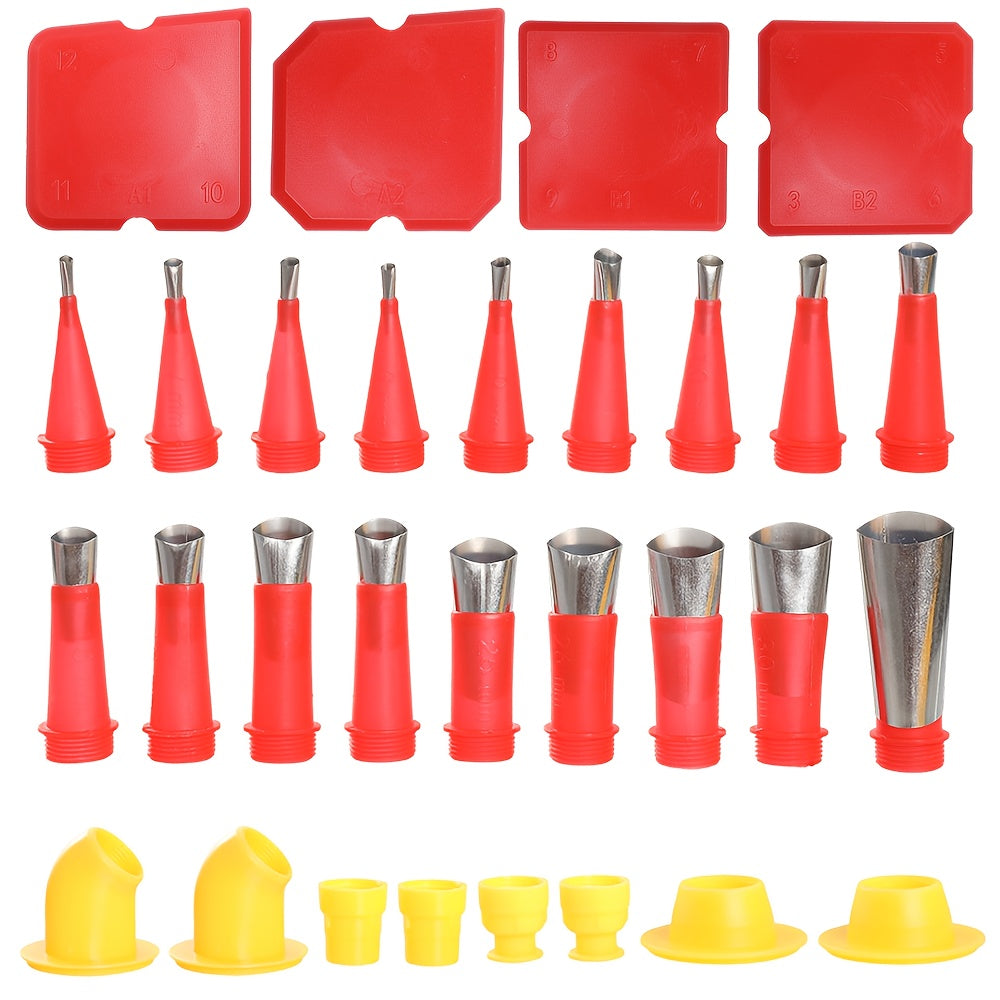 Caulking Tool Kit 30 Piece | 16 Reusable Nozzle Tips 8 Connectors 4 Grout Scrapers Stainless Steel | Caulk Finishing Set for Bathroom
